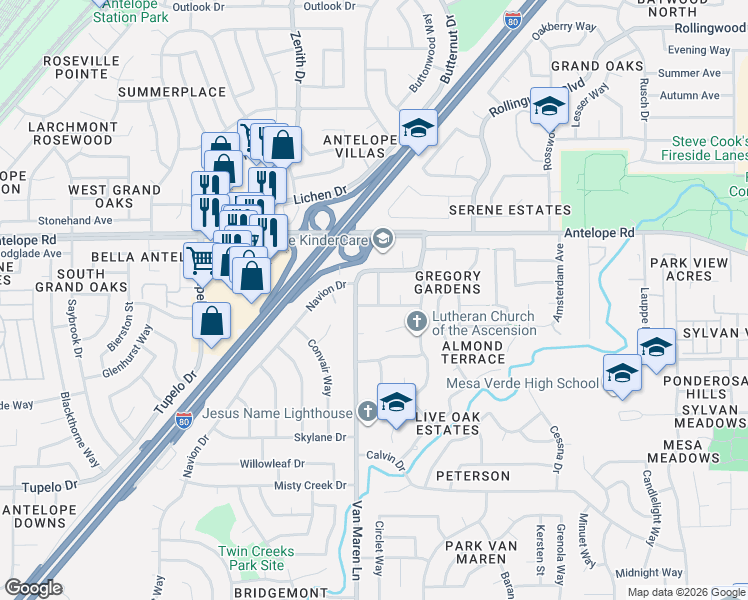 map of restaurants, bars, coffee shops, grocery stores, and more near 6812 Florabelle Avenue in Citrus Heights