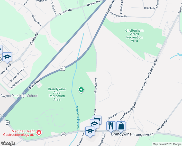 map of restaurants, bars, coffee shops, grocery stores, and more near 13401 Missouri Avenue in Brandywine