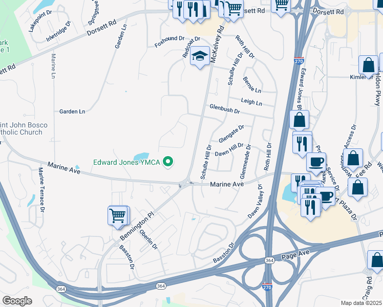 map of restaurants, bars, coffee shops, grocery stores, and more near 1357 McKelvey Road in Maryland Heights