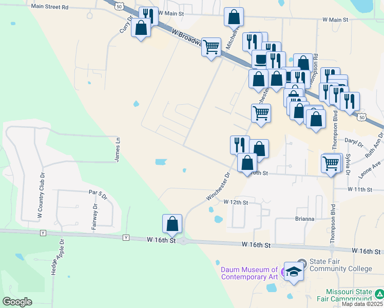 map of restaurants, bars, coffee shops, grocery stores, and more near 3751 West 10th Street in Sedalia