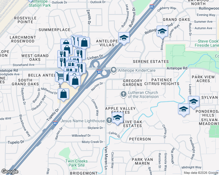map of restaurants, bars, coffee shops, grocery stores, and more near 6807 Florabelle Avenue in Citrus Heights