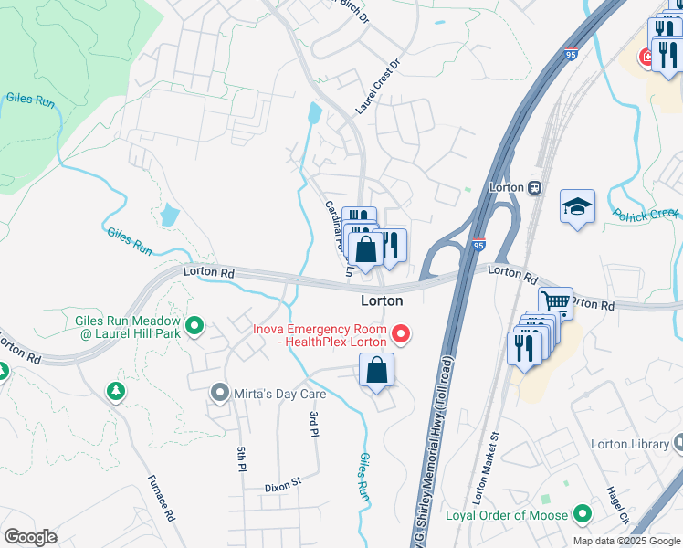 map of restaurants, bars, coffee shops, grocery stores, and more near 9300 Cardinal Forest Lane in Lorton