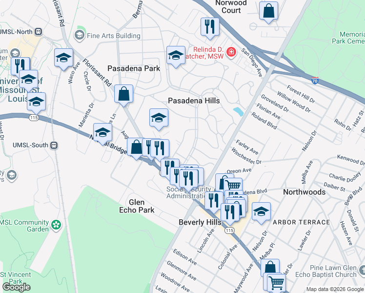 map of restaurants, bars, coffee shops, grocery stores, and more near 3930 Canterbury Drive in St. Louis