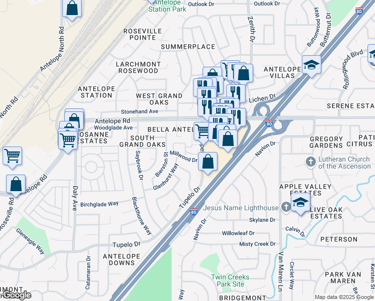 map of restaurants, bars, coffee shops, grocery stores, and more near 7703 Pompei Court in Citrus Heights