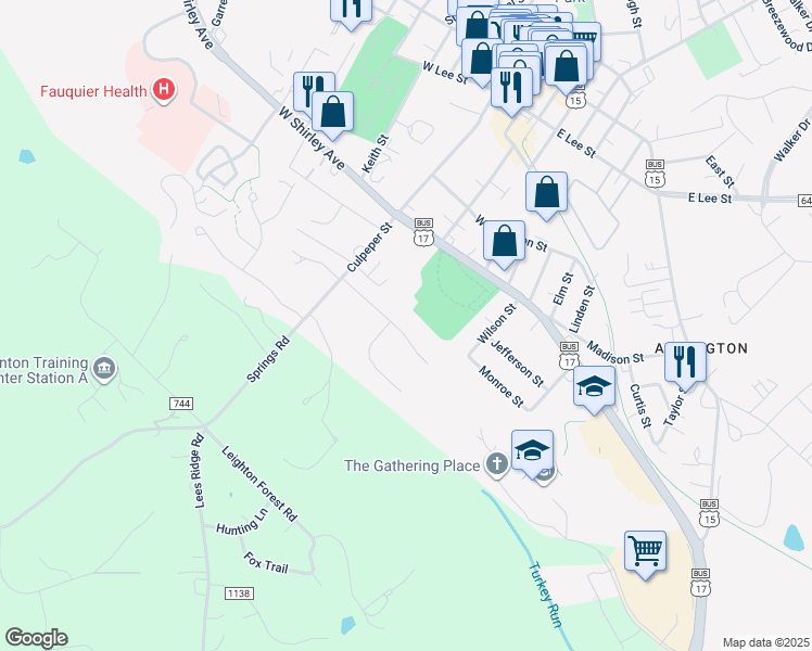 map of restaurants, bars, coffee shops, grocery stores, and more near 91 Brookshire Drive in Warrenton