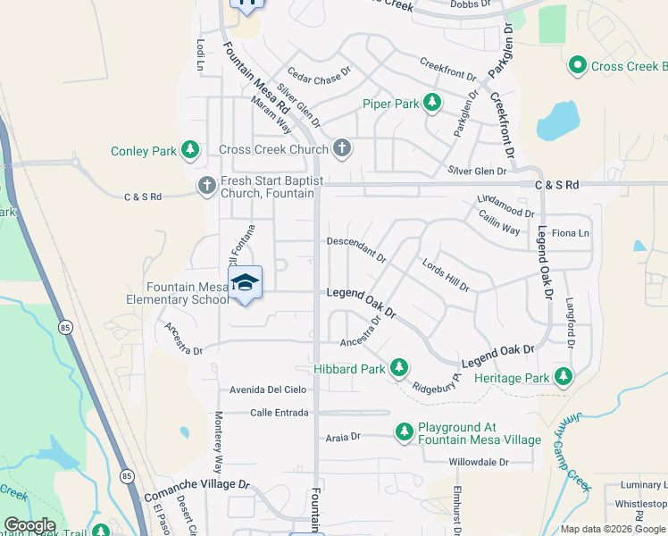 map of restaurants, bars, coffee shops, grocery stores, and more near 2047 Woodsong Way in Fountain