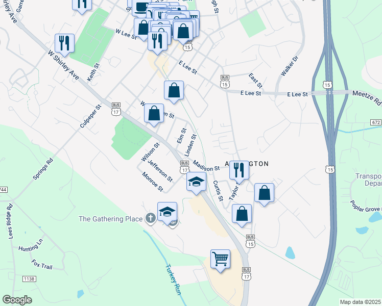 map of restaurants, bars, coffee shops, grocery stores, and more near 221 Linden Street in Warrenton