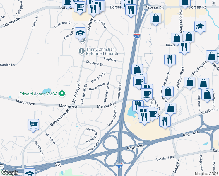 map of restaurants, bars, coffee shops, grocery stores, and more near 12426 Glennoble Drive in Maryland Heights