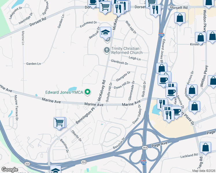 map of restaurants, bars, coffee shops, grocery stores, and more near 1387 Schulte Hill Drive in Maryland Heights