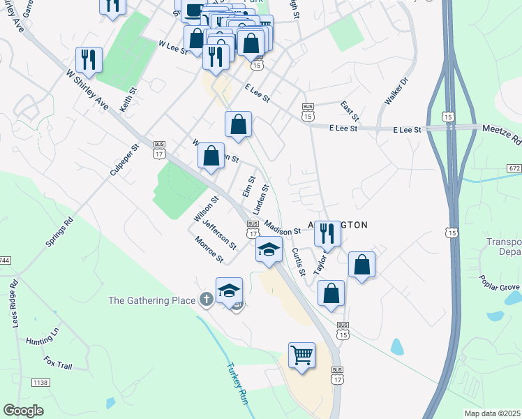map of restaurants, bars, coffee shops, grocery stores, and more near 221 Linden Street in Warrenton
