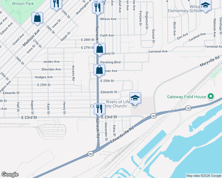 map of restaurants, bars, coffee shops, grocery stores, and more near 2826 East 25th Street in Granite City