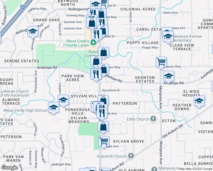 map of restaurants, bars, coffee shops, grocery stores, and more near 7700 Auburn Boulevard in Citrus Heights