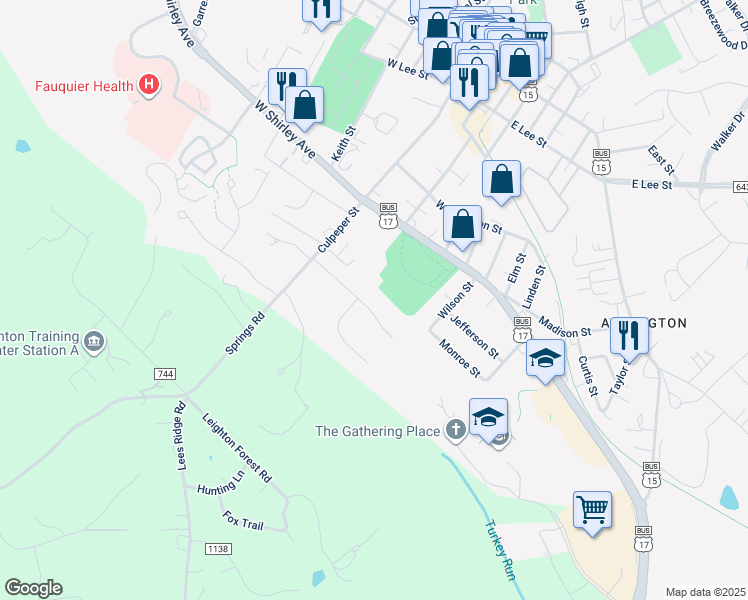map of restaurants, bars, coffee shops, grocery stores, and more near 91 Brookshire Drive in Warrenton