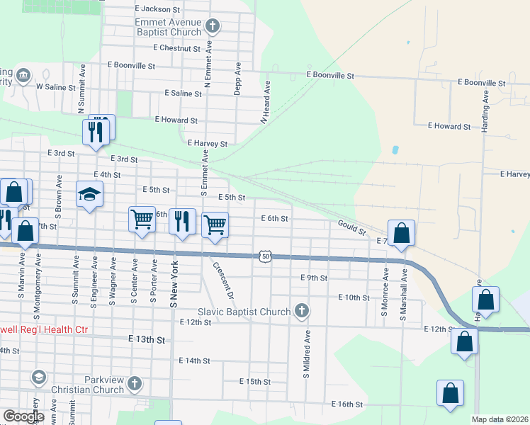 map of restaurants, bars, coffee shops, grocery stores, and more near 1901-1999 East 5th Street in Sedalia