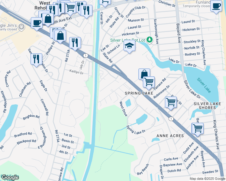 map of restaurants, bars, coffee shops, grocery stores, and more near 20526 Washington Street in Rehoboth Beach