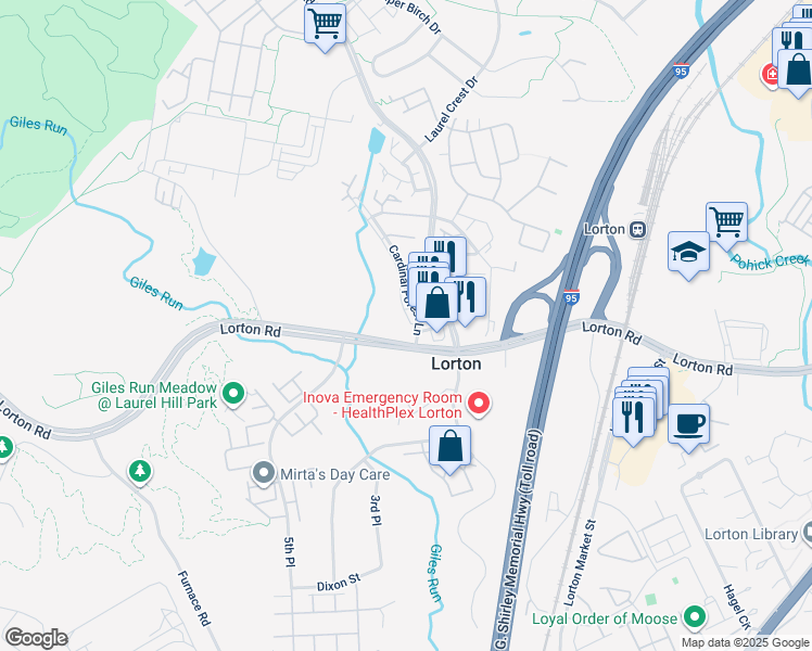 map of restaurants, bars, coffee shops, grocery stores, and more near 9298 Cardinal Forest Lane in Lorton