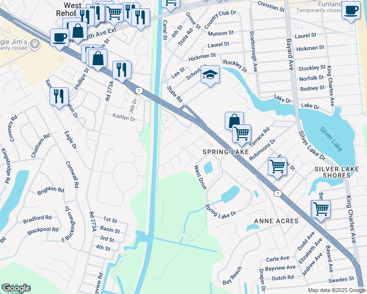 map of restaurants, bars, coffee shops, grocery stores, and more near 20526 Washington Street in Rehoboth Beach