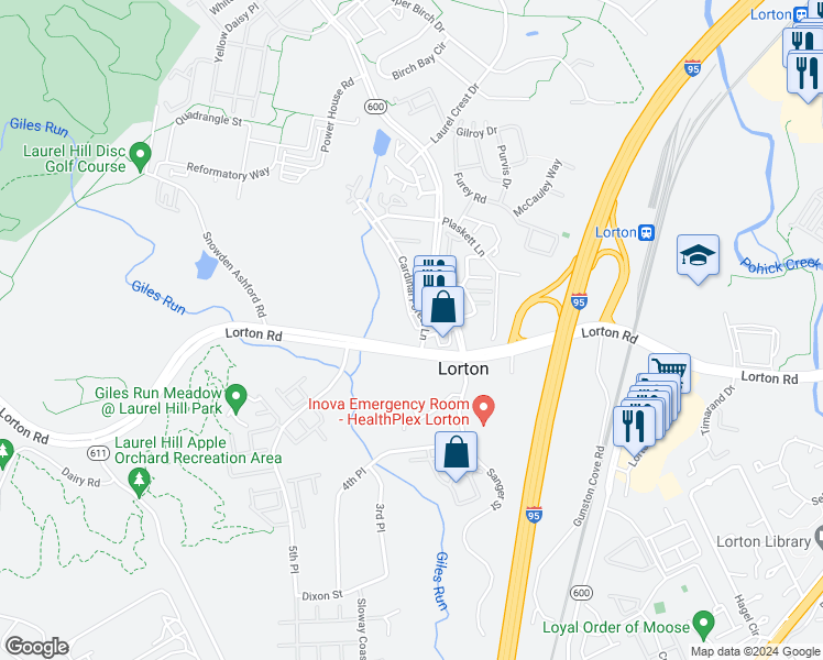 map of restaurants, bars, coffee shops, grocery stores, and more near 9298 Cardinal Forest Lane in Lorton