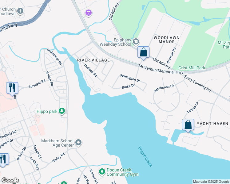 map of restaurants, bars, coffee shops, grocery stores, and more near 5221 Burke Drive in Alexandria