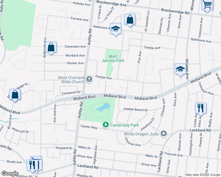 map of restaurants, bars, coffee shops, grocery stores, and more near 10301 Pineview Court in Overland