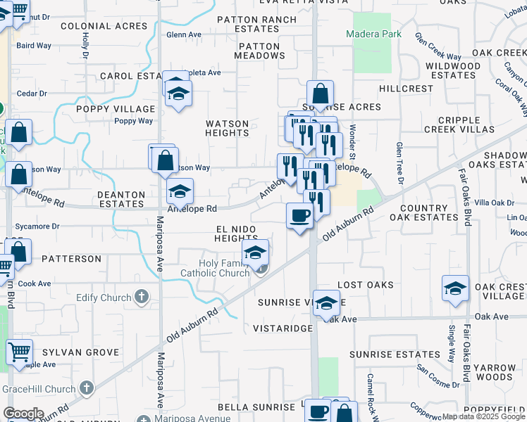 map of restaurants, bars, coffee shops, grocery stores, and more near 7840 Antelope Road in Citrus Heights