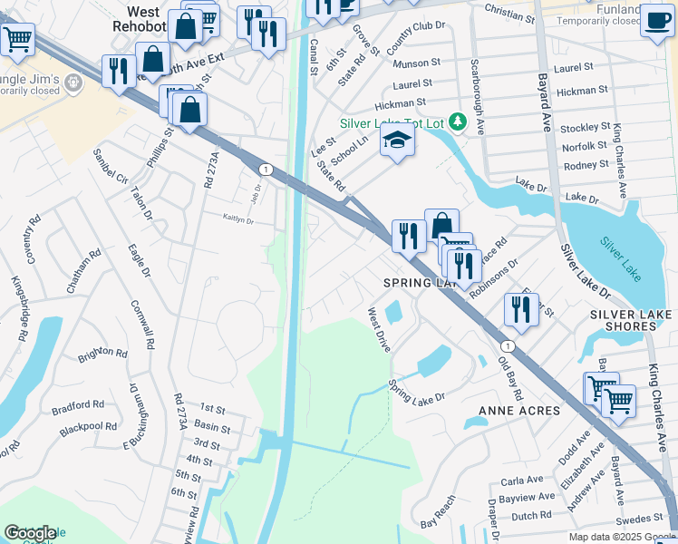 map of restaurants, bars, coffee shops, grocery stores, and more near 20526 Washington Street in Rehoboth Beach