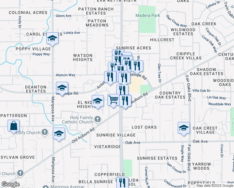 map of restaurants, bars, coffee shops, grocery stores, and more near 7711 Sunrise Boulevard in Citrus Heights