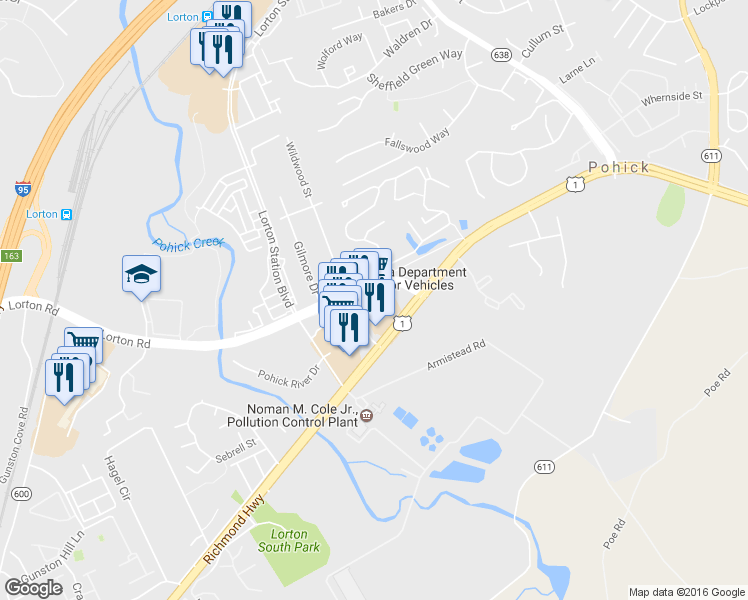 map of restaurants, bars, coffee shops, grocery stores, and more near 7642 Virginia 642 in Lorton