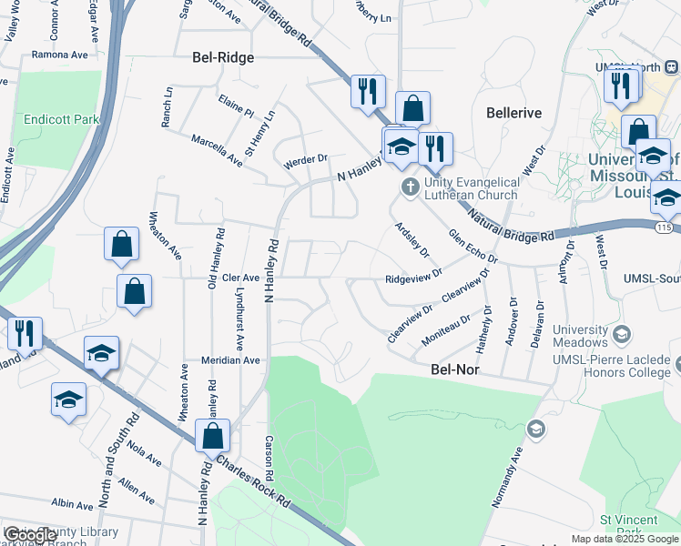 map of restaurants, bars, coffee shops, grocery stores, and more near 2801 Ridgeview Drive in St. Louis