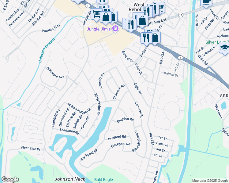 map of restaurants, bars, coffee shops, grocery stores, and more near 1 Croyden Road in Rehoboth Beach