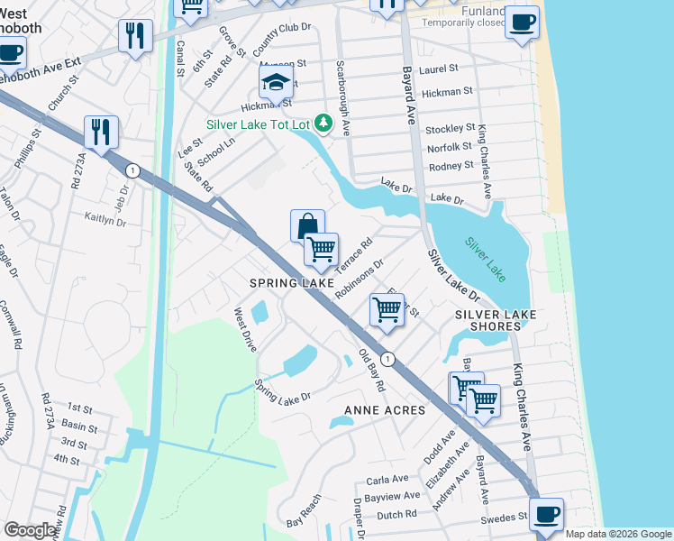 map of restaurants, bars, coffee shops, grocery stores, and more near 81 Beach Avenue in Rehoboth Beach