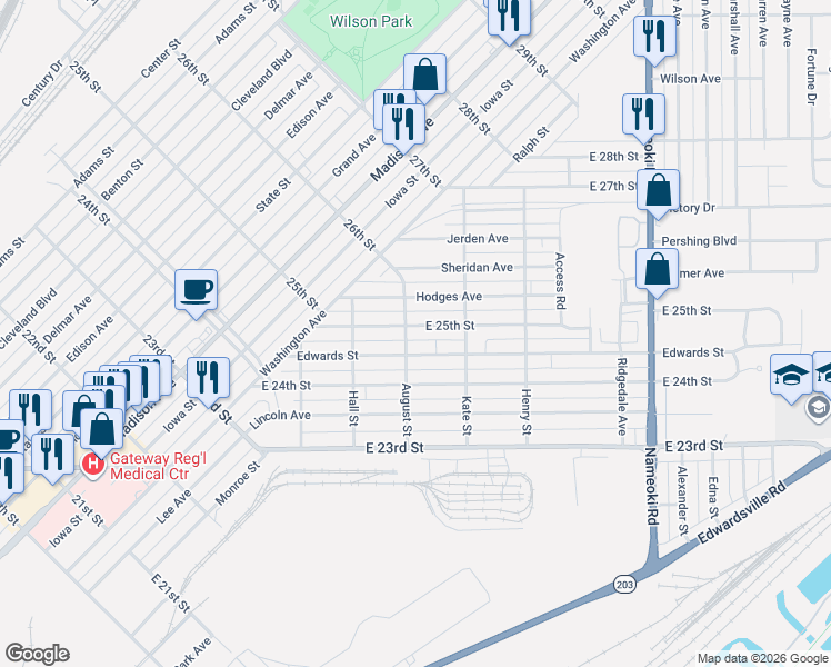 map of restaurants, bars, coffee shops, grocery stores, and more near 2333 East 25th Street in Granite City