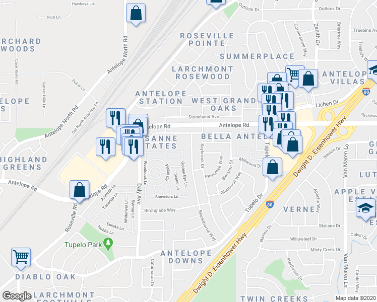 map of restaurants, bars, coffee shops, grocery stores, and more near 7629 Blackthorne Way in Citrus Heights