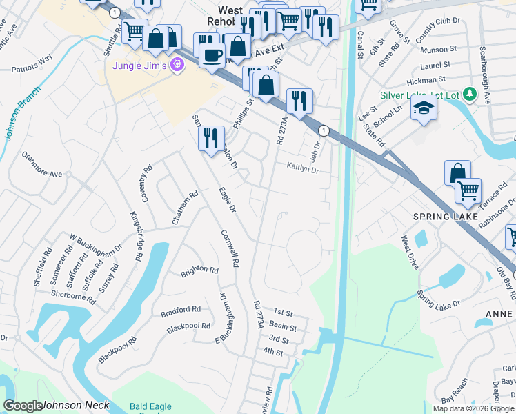 map of restaurants, bars, coffee shops, grocery stores, and more near 4300 Sandpiper Drive in Rehoboth Beach