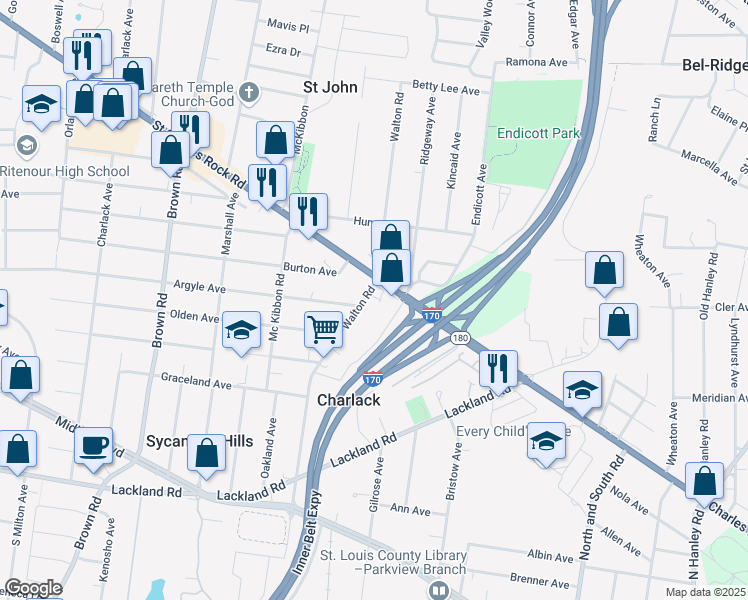map of restaurants, bars, coffee shops, grocery stores, and more near 8582 Saint Charles Rock Road in Overland