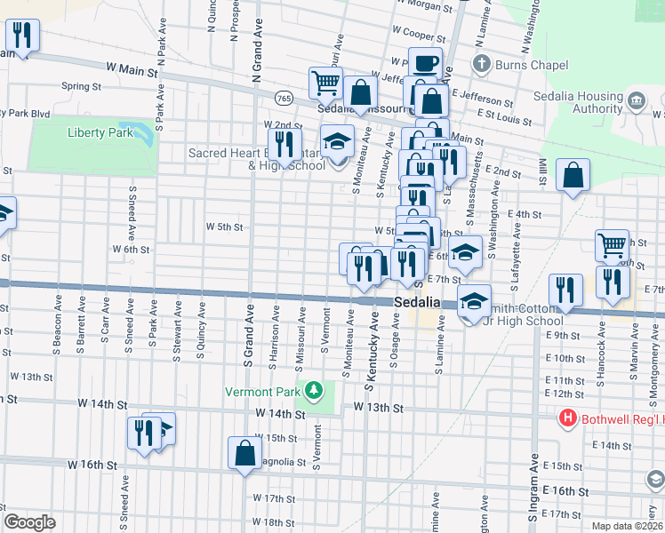 map of restaurants, bars, coffee shops, grocery stores, and more near 423 West 6th Street in Sedalia