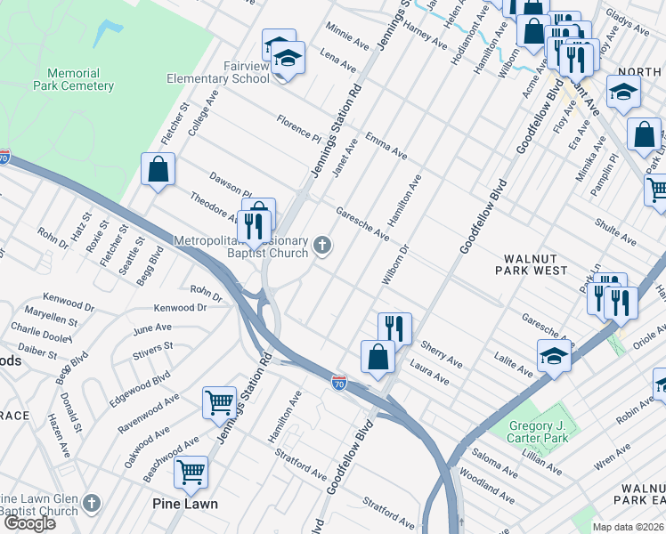 map of restaurants, bars, coffee shops, grocery stores, and more near 5300 Helen Avenue in Jennings