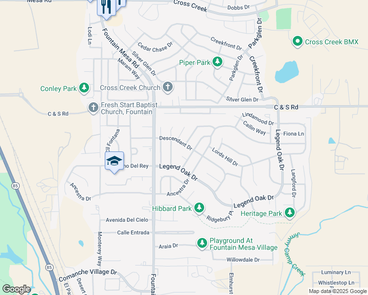 map of restaurants, bars, coffee shops, grocery stores, and more near 2106 Bent Tree Lane in Fountain
