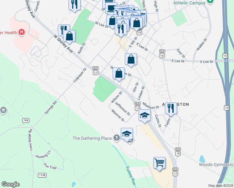 map of restaurants, bars, coffee shops, grocery stores, and more near 326 Wilson Street in Warrenton