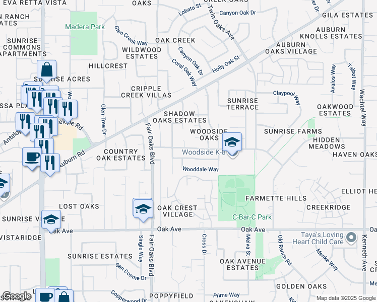 map of restaurants, bars, coffee shops, grocery stores, and more near 8148 Villa Oak Drive in Citrus Heights