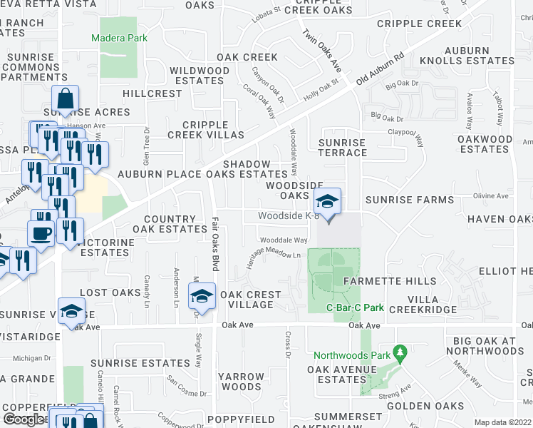 map of restaurants, bars, coffee shops, grocery stores, and more near 8148 Villa Oak Drive in Citrus Heights