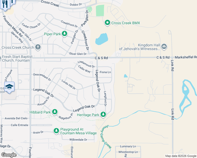 map of restaurants, bars, coffee shops, grocery stores, and more near 1503 Ancestra Drive in Fountain