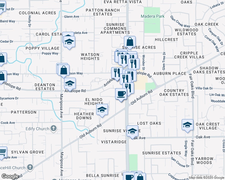 map of restaurants, bars, coffee shops, grocery stores, and more near 7840 Antelope Road in Citrus Heights