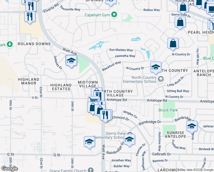 map of restaurants, bars, coffee shops, grocery stores, and more near 3535 Scotland Drive in Antelope