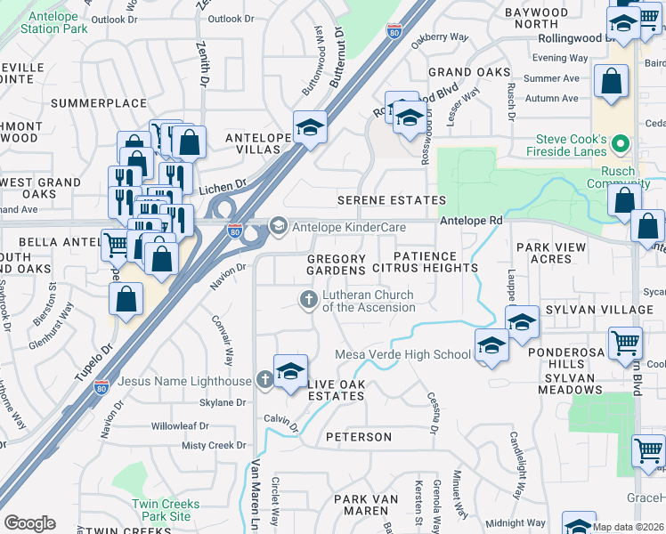 map of restaurants, bars, coffee shops, grocery stores, and more near 7655 Gingerblossom Drive in Citrus Heights