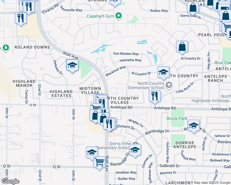 map of restaurants, bars, coffee shops, grocery stores, and more near 7661 Roberta Lane in Antelope
