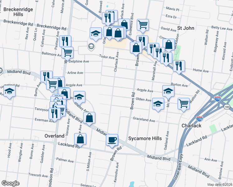 map of restaurants, bars, coffee shops, grocery stores, and more near 8964 Argyle Avenue in Overland