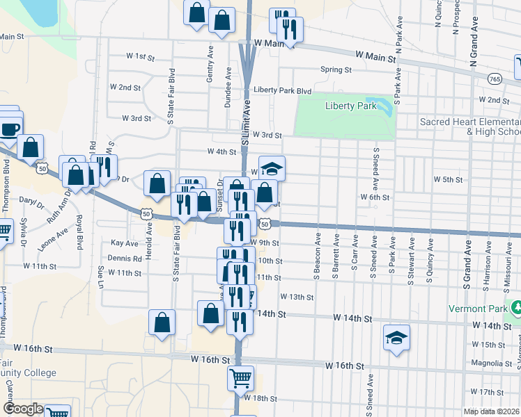 map of restaurants, bars, coffee shops, grocery stores, and more near 1700-1798 West 7th Street in Sedalia