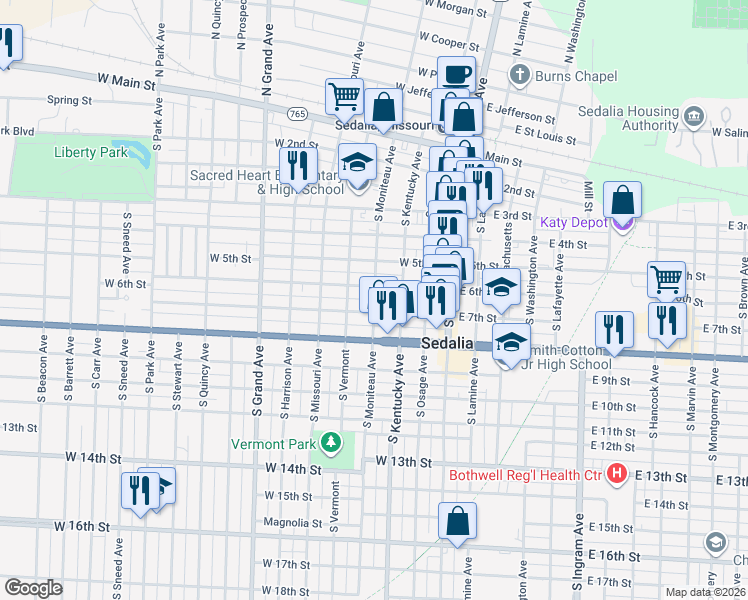 map of restaurants, bars, coffee shops, grocery stores, and more near 652 South Moniteau Avenue in Sedalia