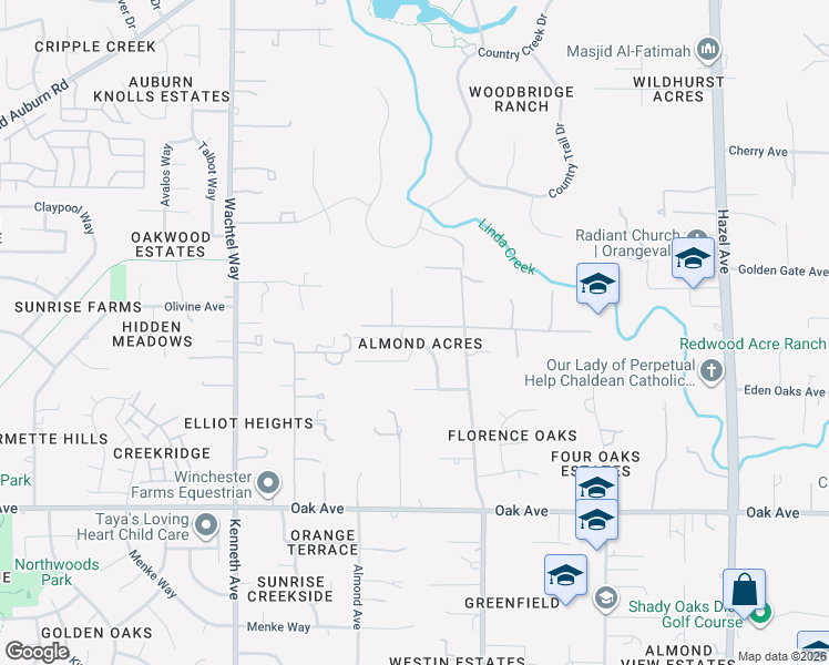 map of restaurants, bars, coffee shops, grocery stores, and more near 8641 El Sobrante Way in Orangevale